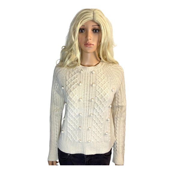 J. Crew Women's Small Lambswool Popcorn Pom Cable-knit Fisherman Sweater HTF - Picture 2 of 16